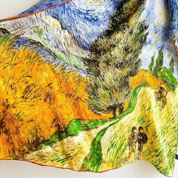 Vintage VINCENT VAN GOGH Road with Cypress and Star Hand Rolled Silk Scarf - Picture 3 of 8